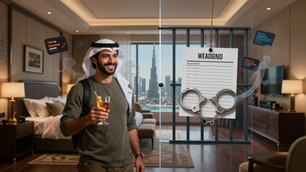 A legal boundary dividing a luxury hotel room into safe and dangerous sides, with hidden threats like handcuffs and deportation notices.