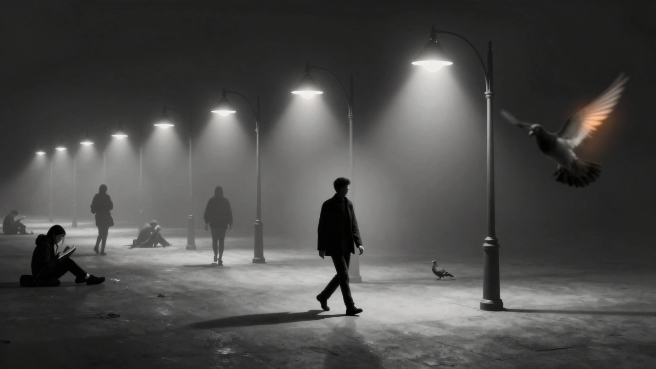 A lone figure walks under fading streetlamps, their shadow merging with flying pigeons, ghostly silhouettes of others fading into the dark night.