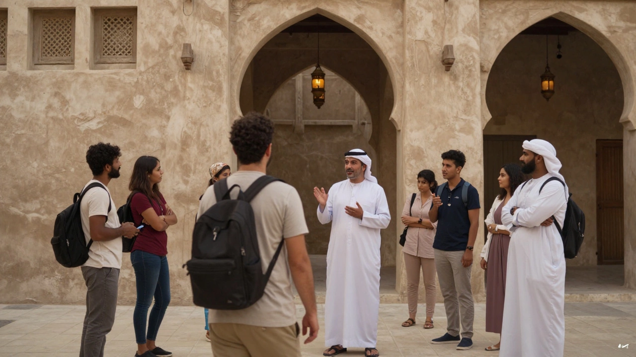 A solo traveler joining a free Dubai walking tour with a local guide, surrounded by historic architecture and other tourists.
