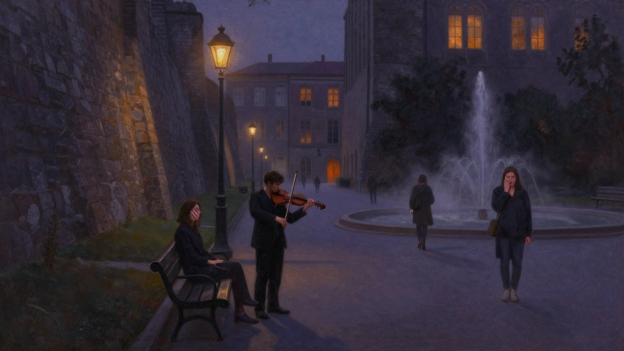 A violinist stands by a fountain at night, passersby pause in silence, flickering streetlamps illuminate the quiet valley between old walls and university buildings.